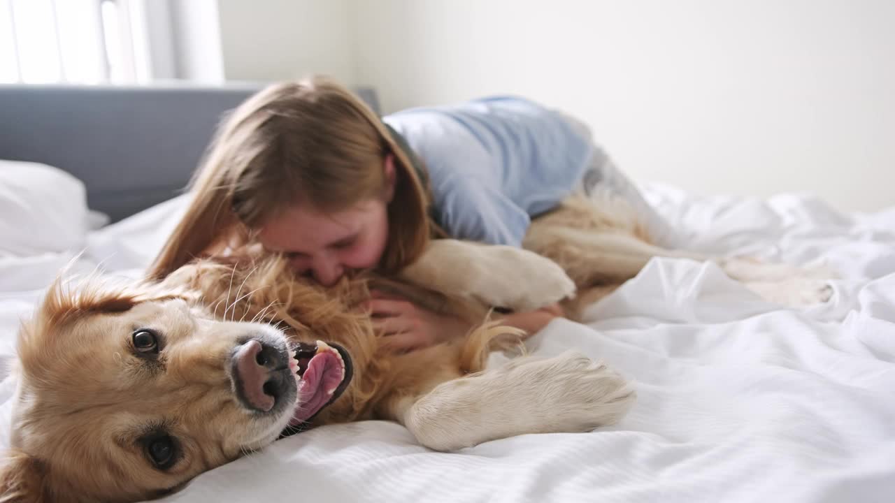 快乐微笑的小女孩和可爱的宠物金毛猎犬玩耍，拥抱它视频素材
