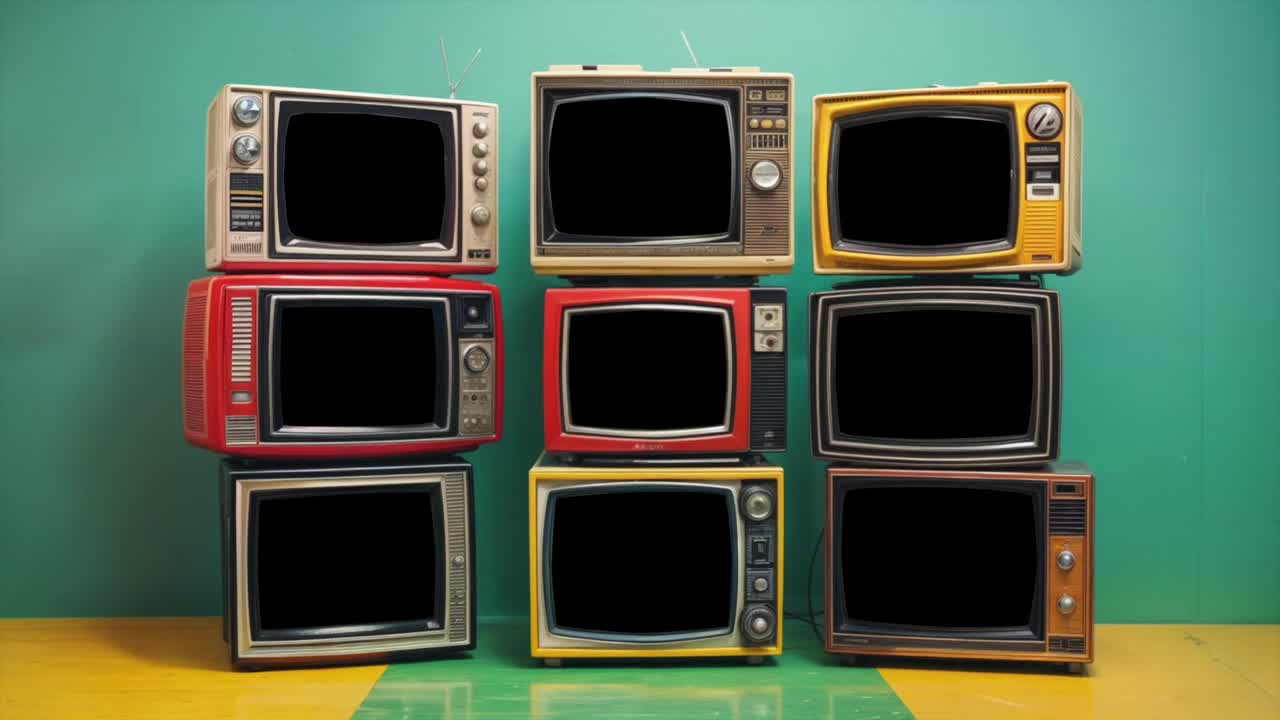 复古电视堆栈与绿色屏幕对蓝绿色墙视频下载