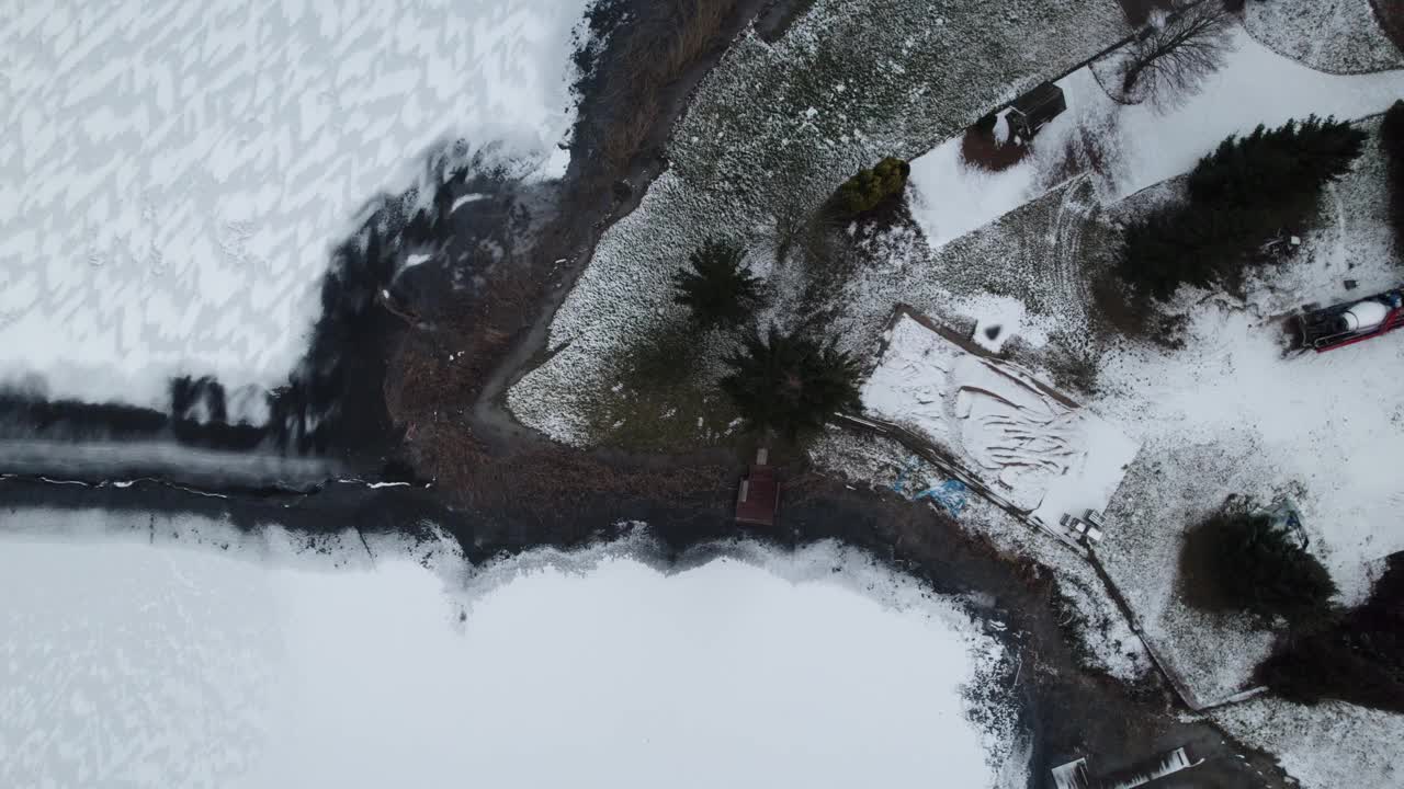 鸟瞰波兰结冰的湖泊和积雪覆盖的景观视频素材