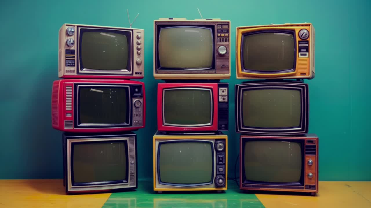 各种老式电视与绿色静态屏幕。色度键视频下载