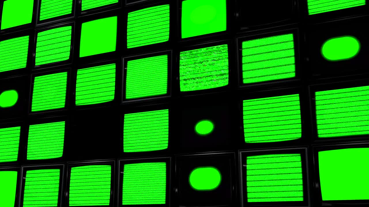 一面墙的绿色屏幕电视显示器。键入绿色以添加您自己的媒体。色度键视频下载