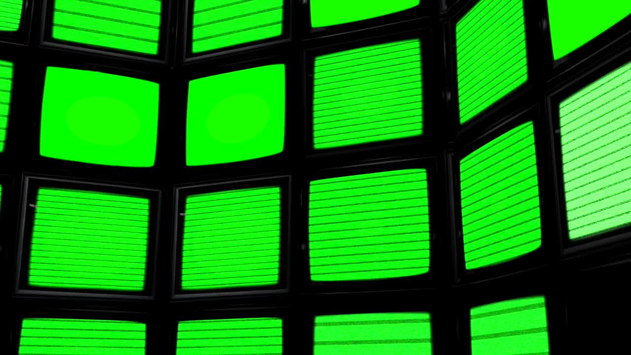 在黑暗中显示绿色屏幕静态的弯曲屏幕阵列。色度键视频下载
