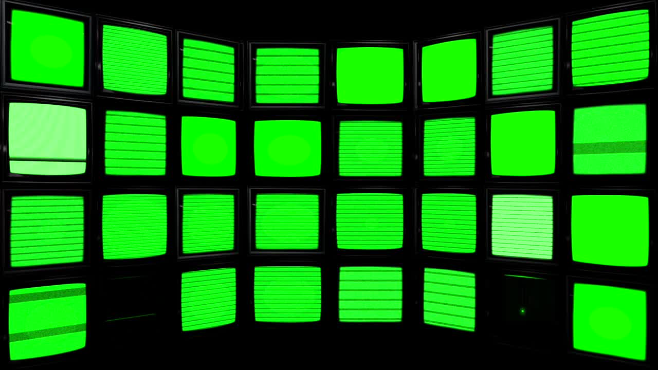 在黑暗中出现绿色故障的未来主义屏幕阵列。绿屏色度键视频下载
