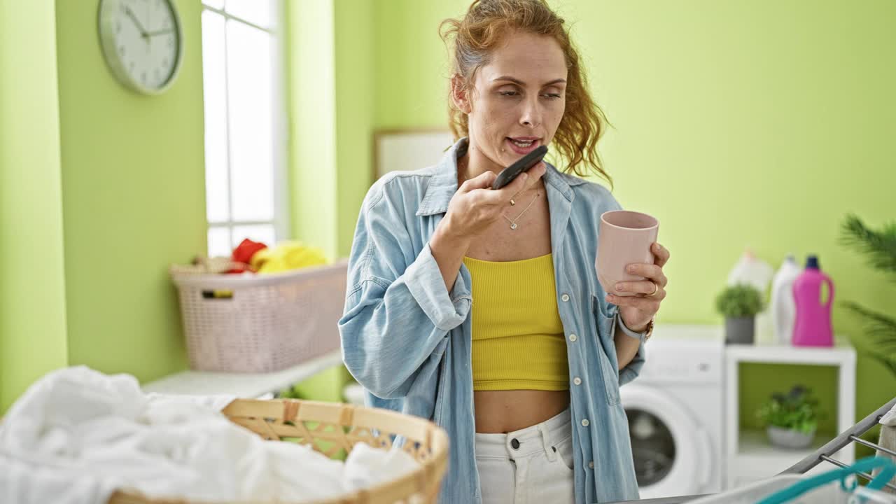 在一间充满活力的绿色房间里，一个拿着杯子的体贴的女人在洗衣服时停下来，手里拿着一部智能手机。视频素材