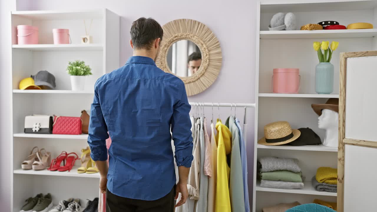 一个英俊的男人在整洁、现代的试衣间里挑选衣服，试衣间里摆满了配饰和一面镜子视频素材