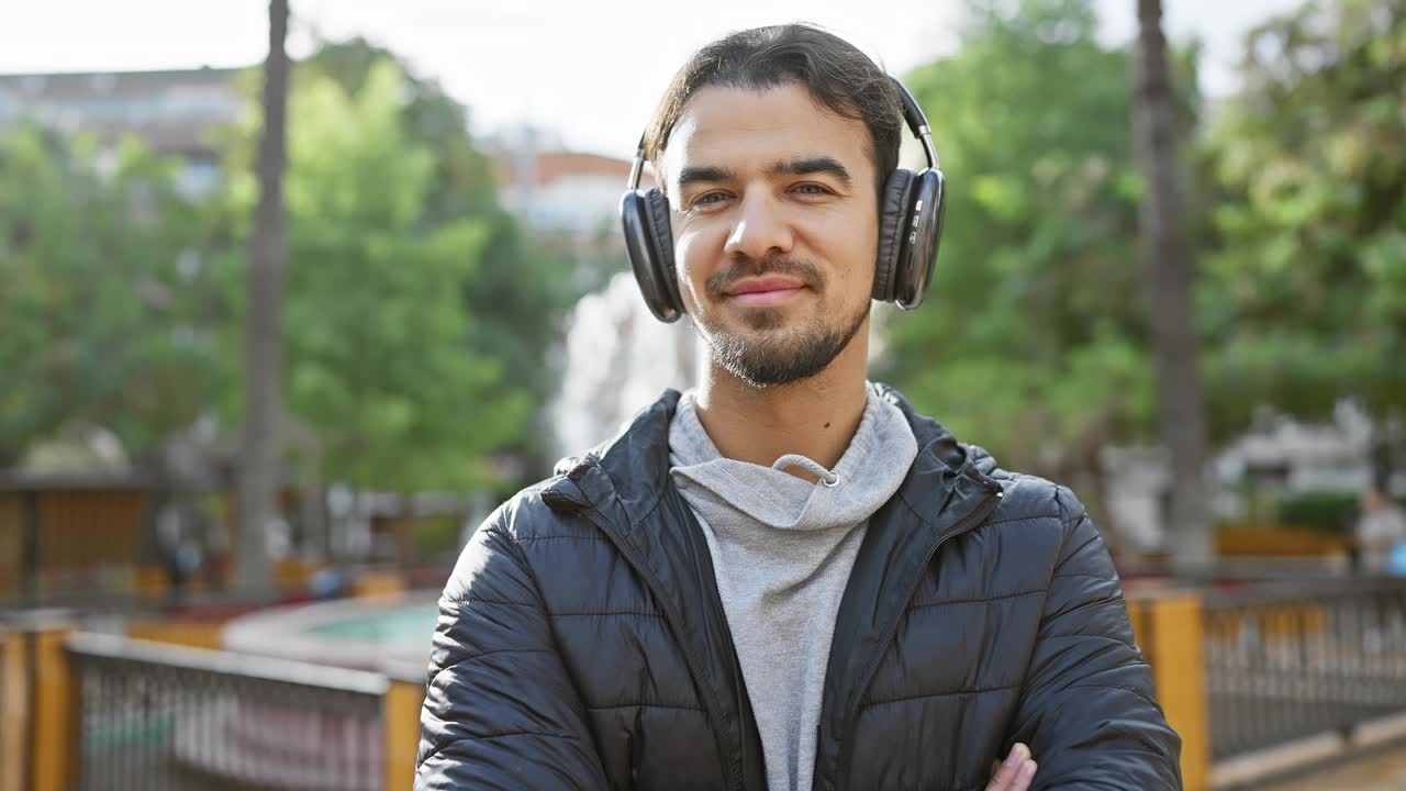 一个面带微笑的大胡子男子戴着耳机，穿着夹克，站在一个阳光明媚、绿树成荫的公园里。视频素材