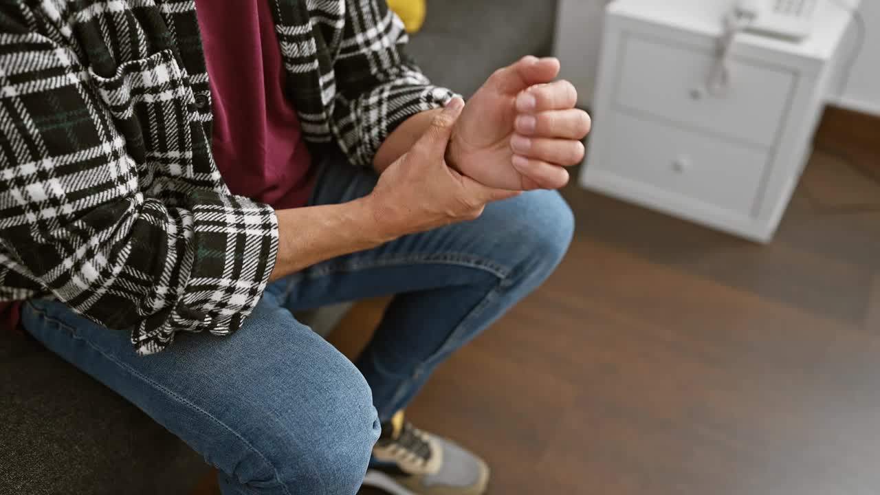 白发苍苍的中年男子痛苦地在家里捂着手腕，诉说着健康问题。视频素材