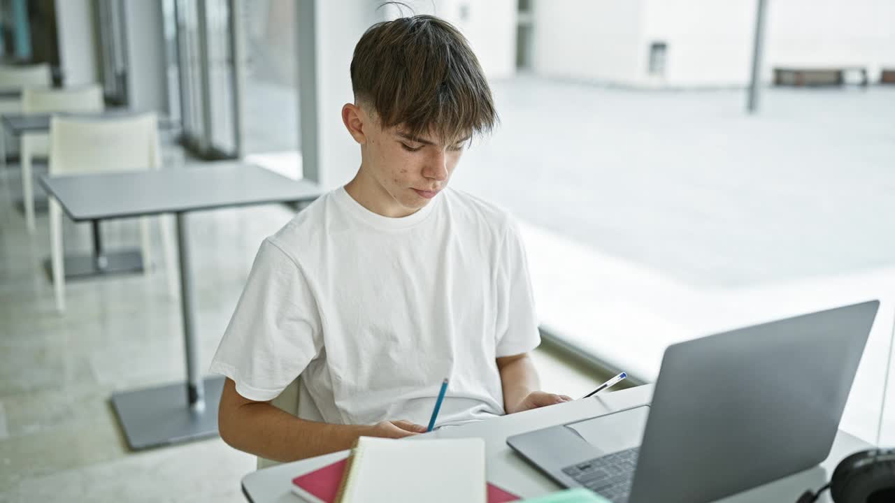 在现代大学图书馆用笔记本电脑学习的白人少年视频素材