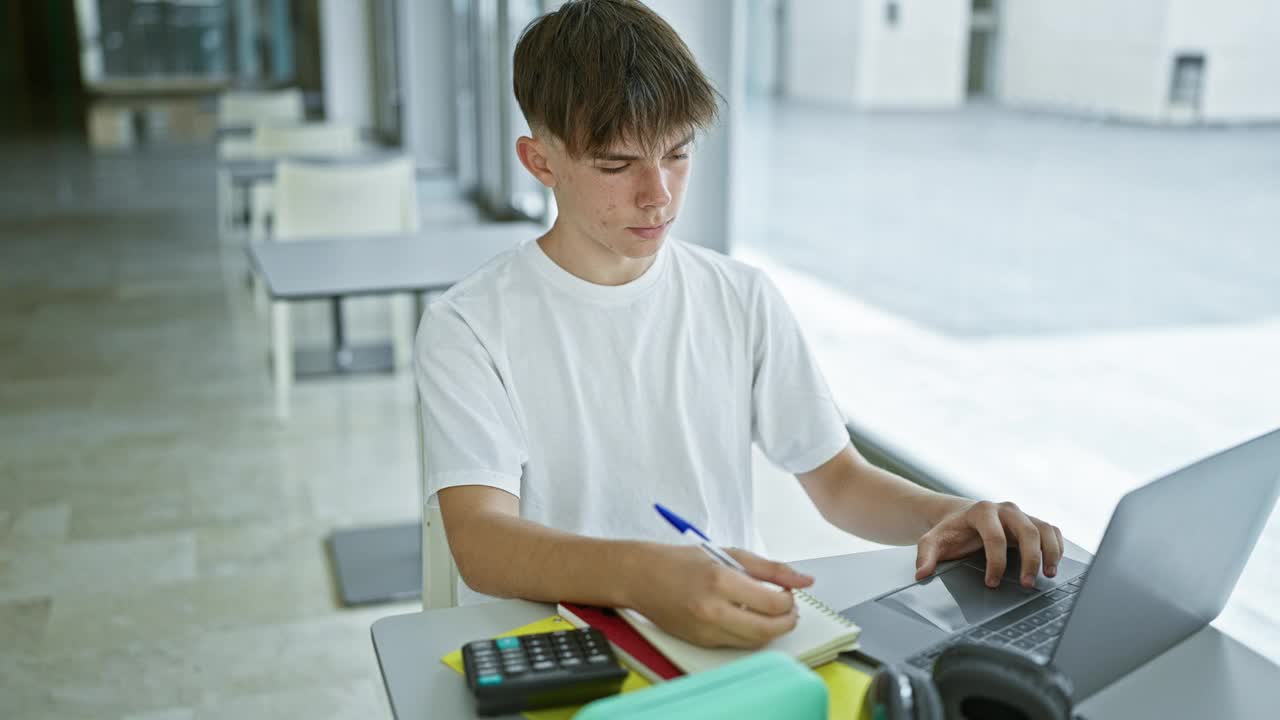 一个年轻的白人男学生在一所现代大学的图书馆里勤奋地学习，用笔记本电脑工作，写笔记。视频素材