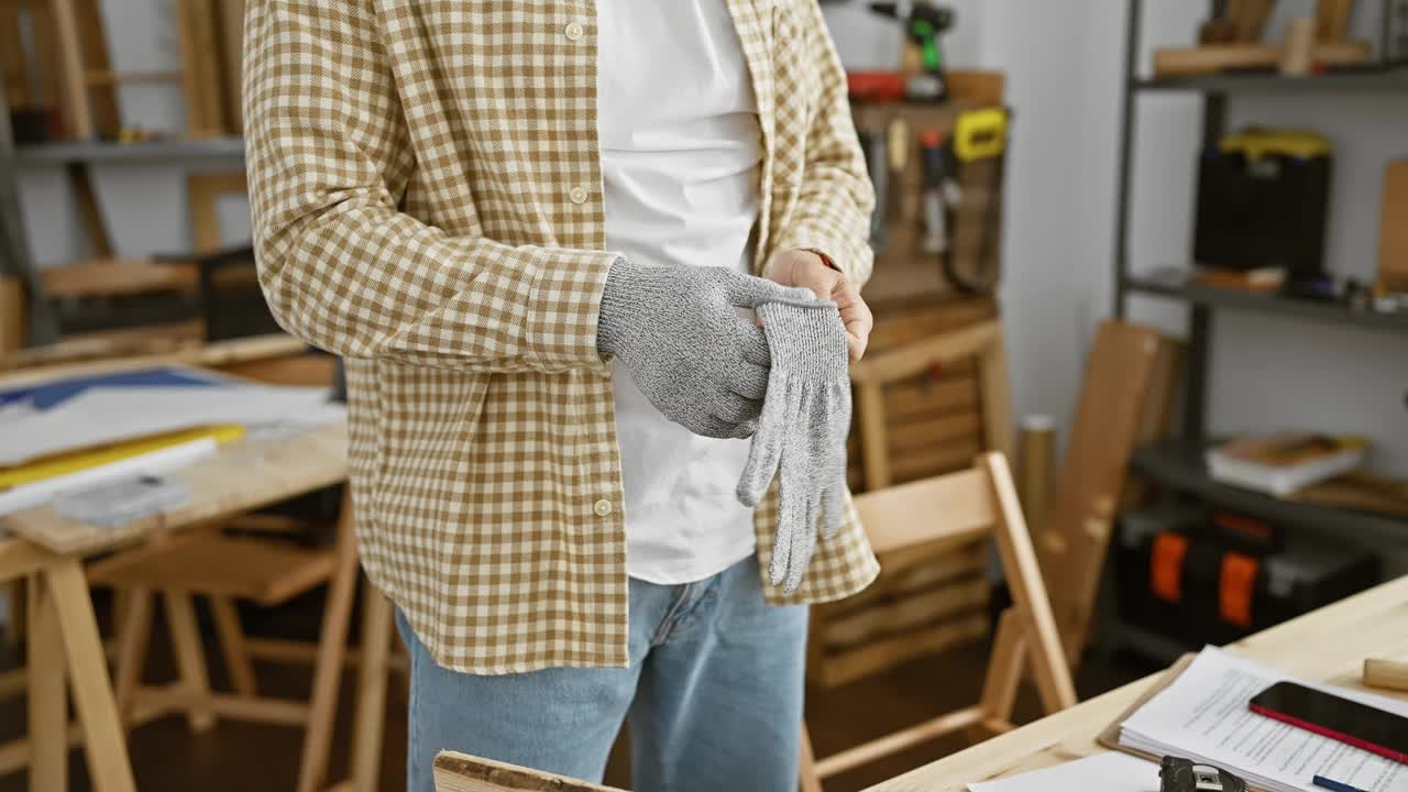 戴着手套的大胡子男子在木工车间准备工作视频素材