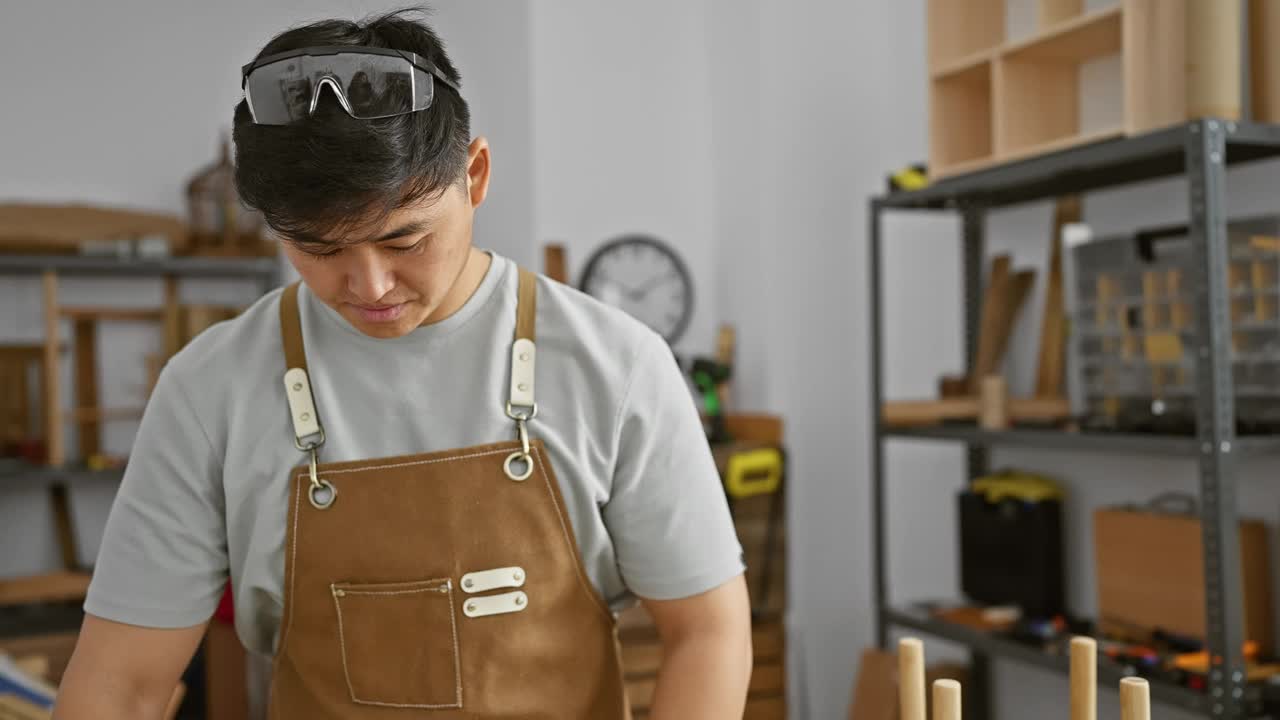 一名专注的亚洲男子在设备齐全的木工车间检查木材，代表着熟练的工艺。视频素材