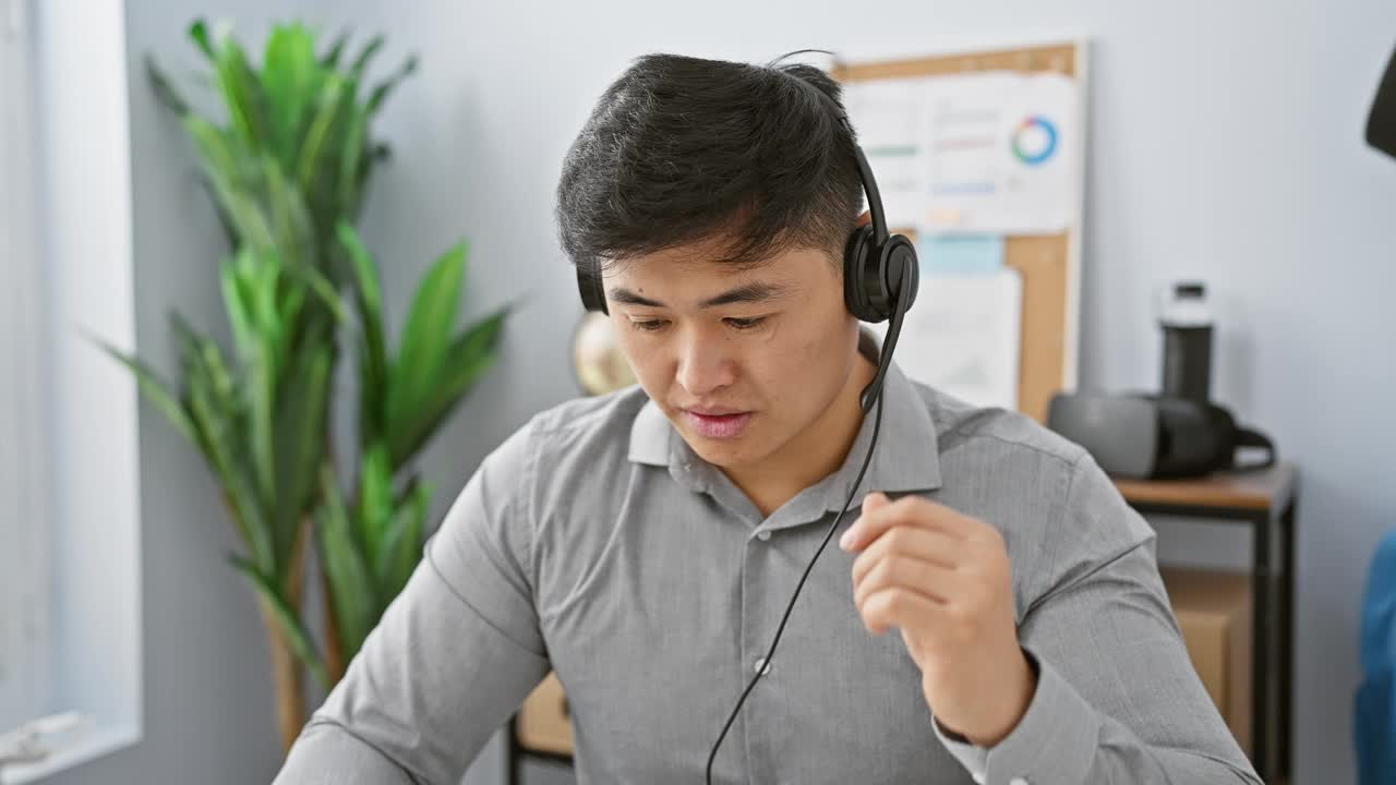 一名戴着耳机的亚洲男子在现代办公环境中与科技互动。视频素材