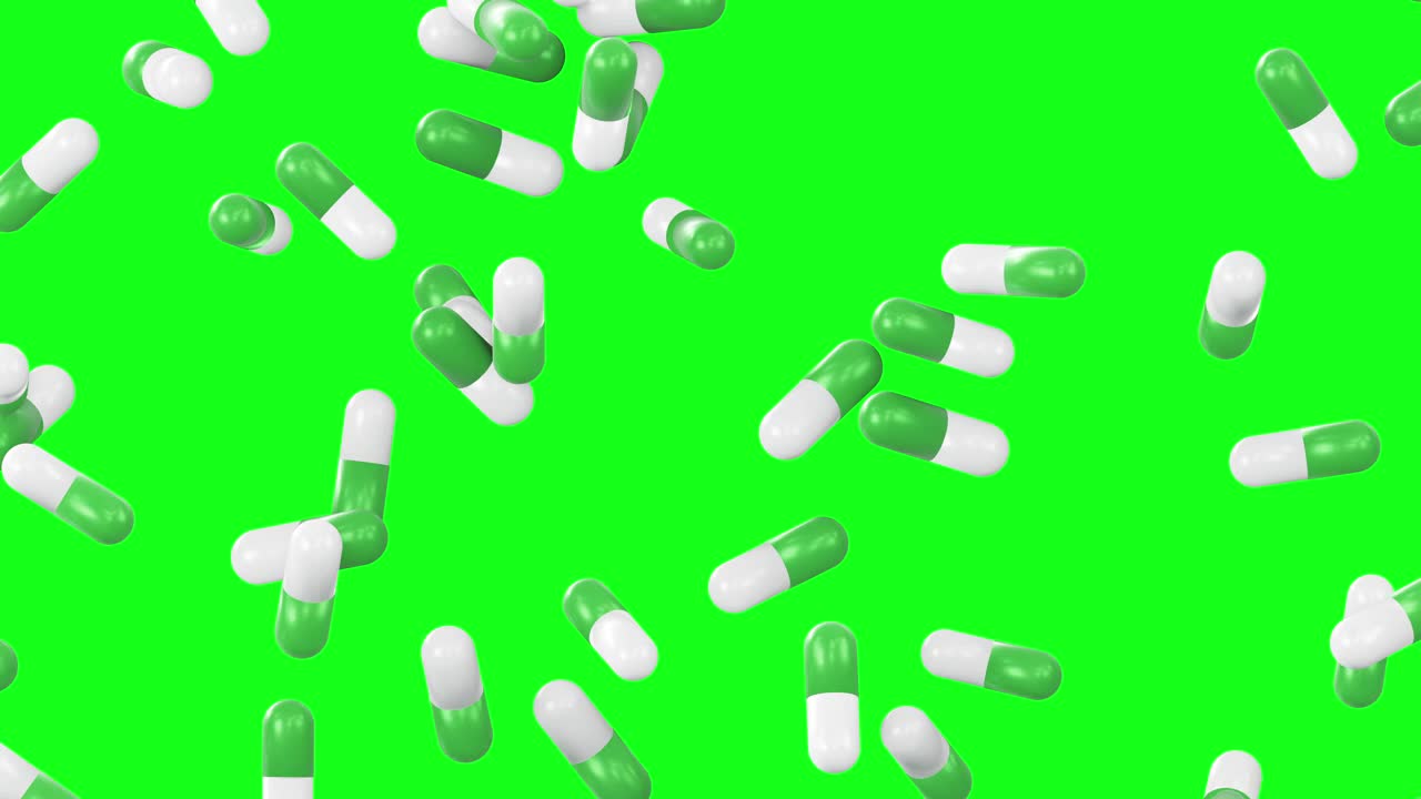 药物胶囊药丸掉落，药物与保健概念，绿屏黑屏，3d动画视频下载