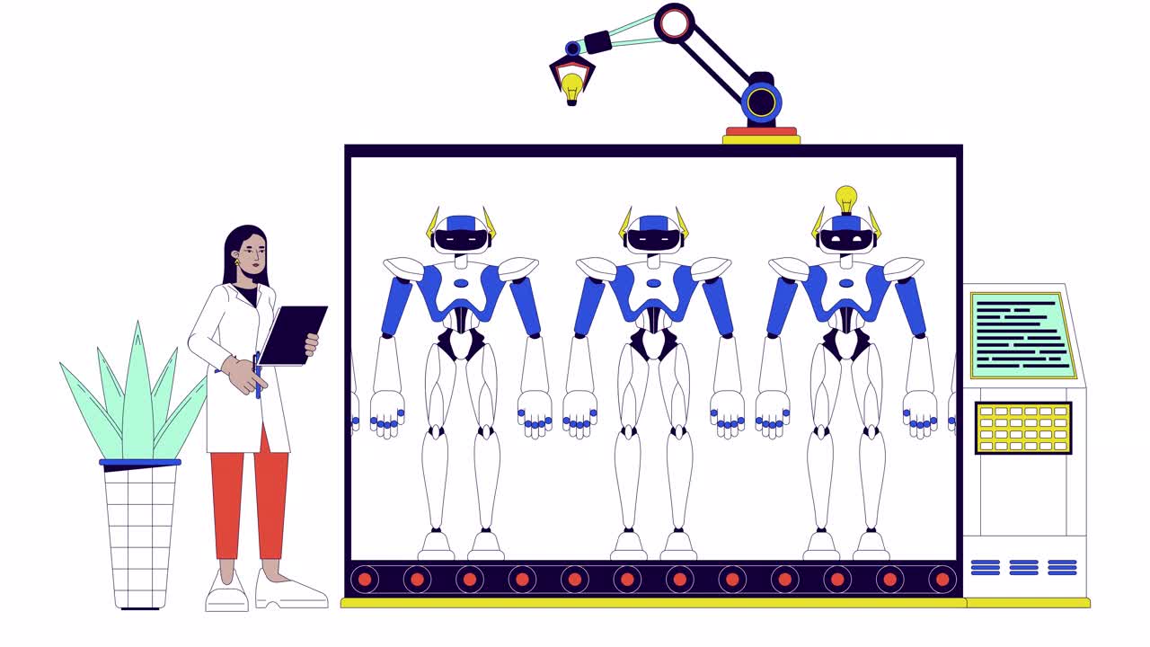 机器人生产线卡通动画的女工程师视频素材