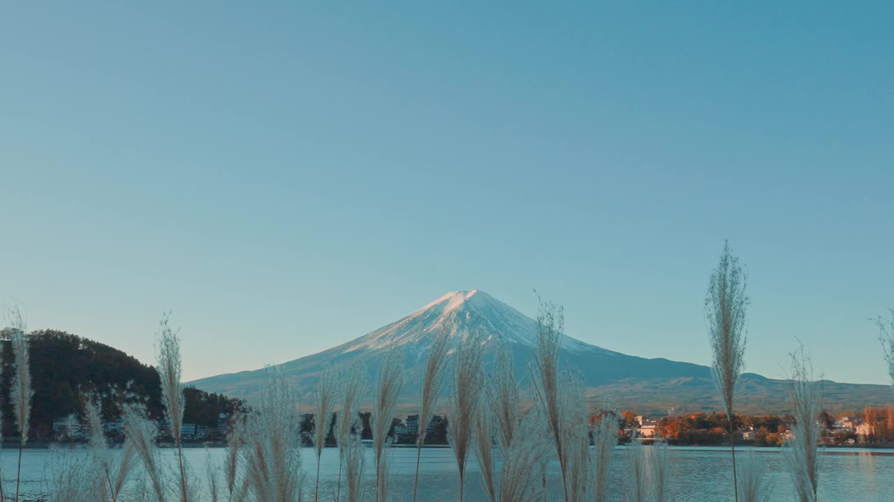 富士山川口湖畔的晨曦。日本山梨县藤川口的富士山。地标，吸引游客。日本旅游，目的地，度假和富士山日的概念视频素材