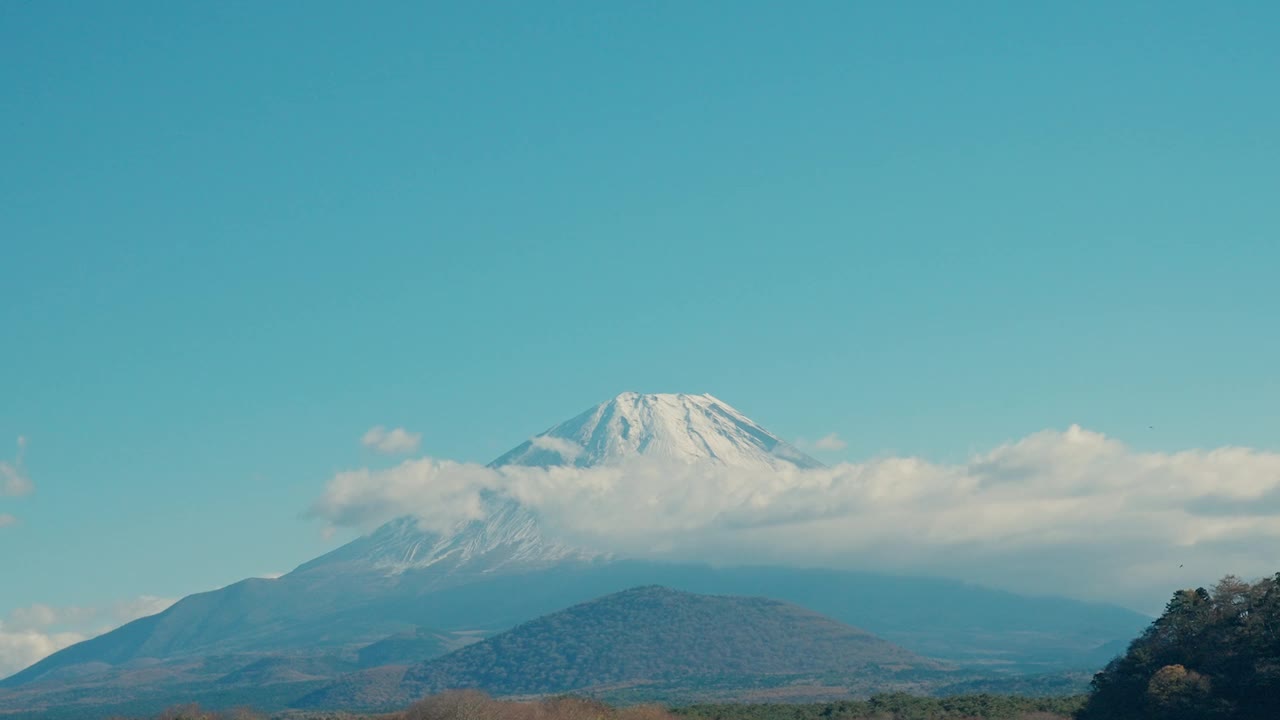 富士山位于日本山梨县富士五湖之一的川口湖附近的正二湖。地标，吸引游客。日本旅游，目的地，度假和富士山日的概念视频素材