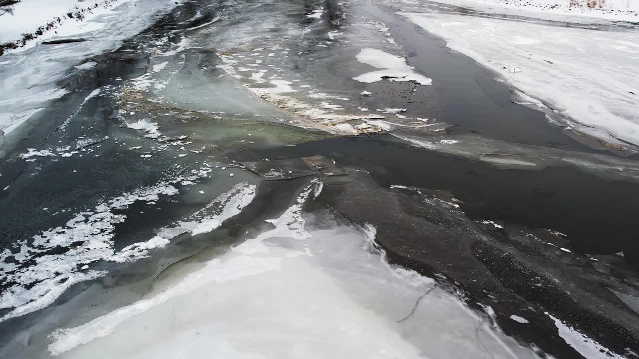 冬天结冰的河水。无人机降落镜头视频素材