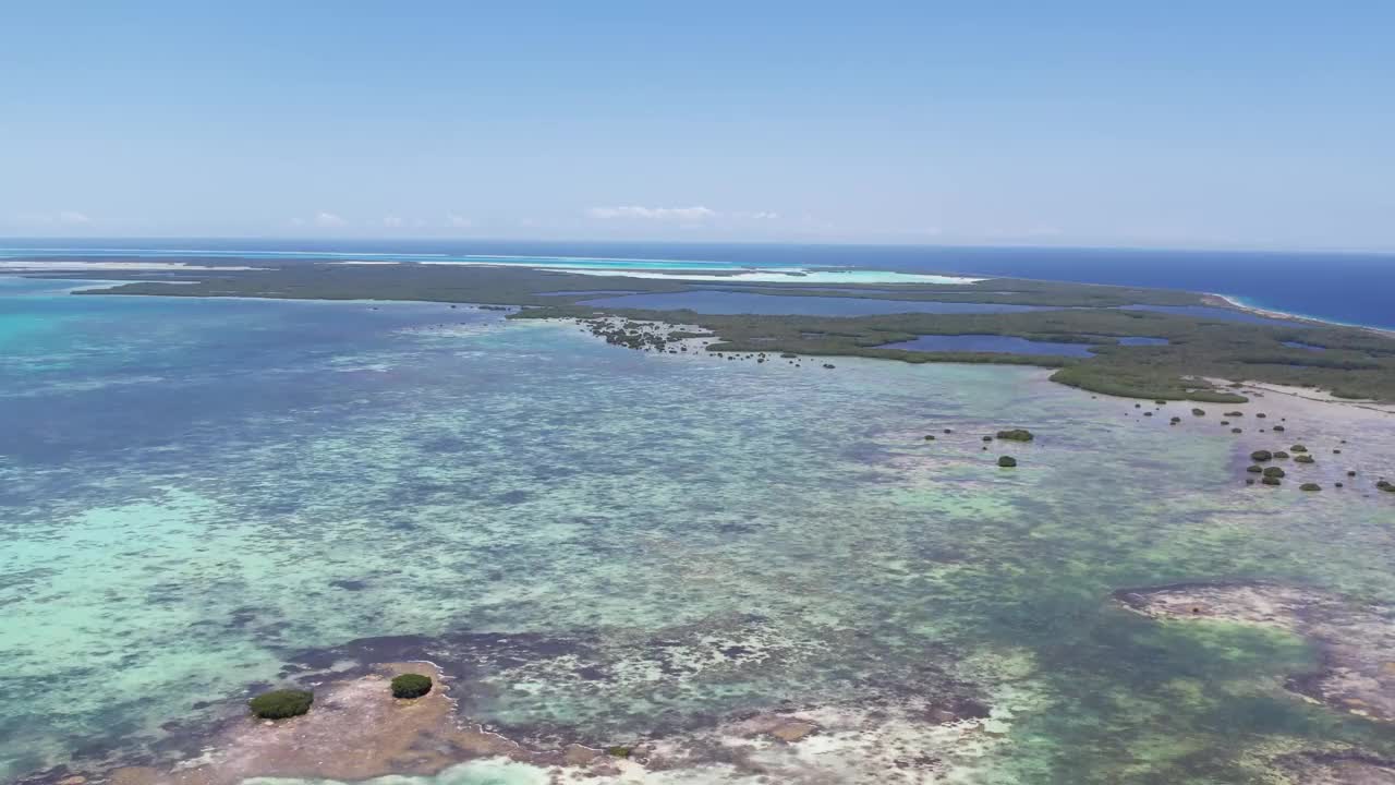 洛斯罗克生机勃勃的湿地和明亮阳光下清澈的海水，鸟瞰图视频素材