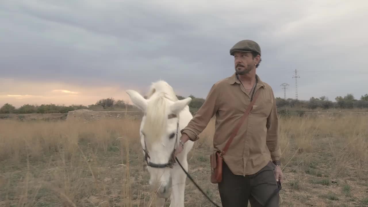 夕阳西下，一位戴着贝雷帽的西班牙牧牛人牵着他的马去牧场。马和人向前走。缓慢的运动。视频下载