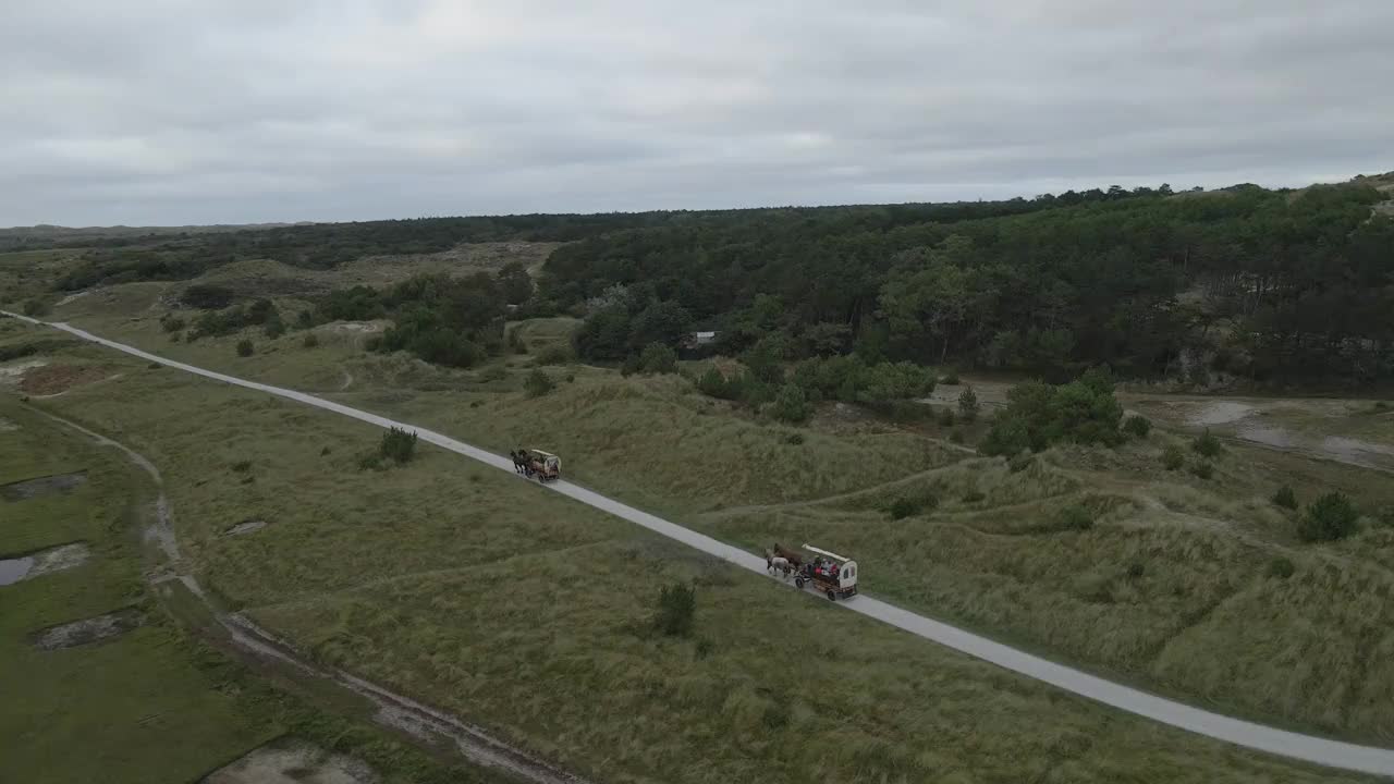 荷兰，游客在土路上的马车鸟瞰图视频素材