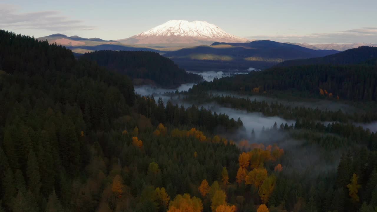 神秘的森林和河流景观俯瞰雪山圣海伦斯，多利在空中视频素材