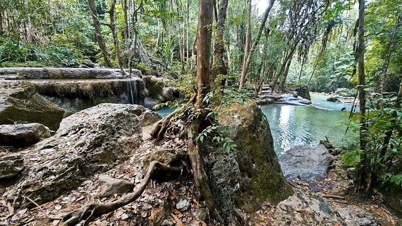 丛林瀑布池在四面湾国家公园，宁静的自然环境与瀑布和郁郁葱葱的树叶视频素材