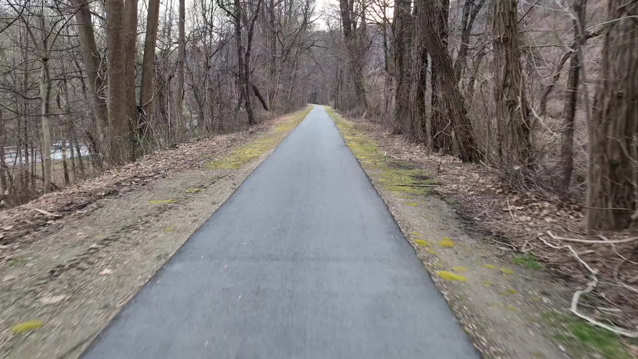 骑自行车在沥青自行车道上(俯视图向下看人行道)经过公路，输电塔在冬天光秃秃的树，绿色的苔藓，草地上骑自行车，骑自行车的镜头视频素材