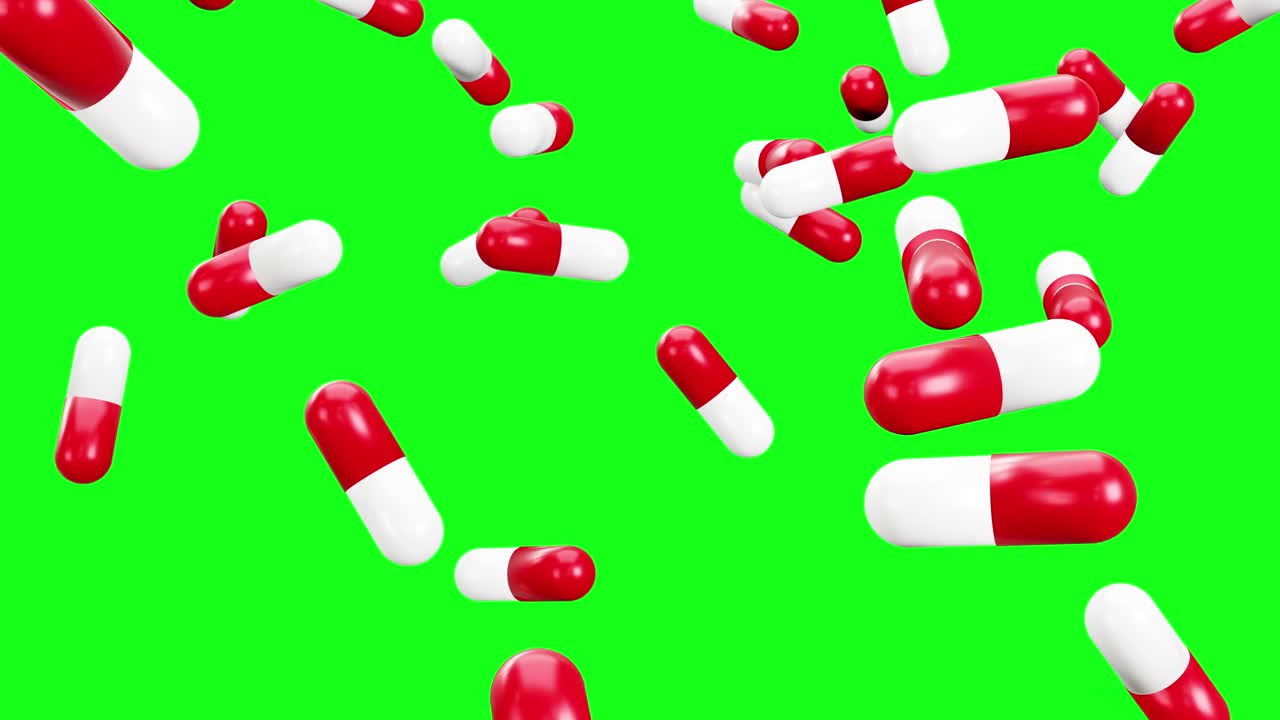 药物胶囊药丸掉落，药物与保健概念，绿屏黑屏，3d动画视频下载