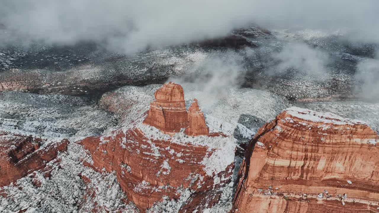 在亚利桑那州的塞多纳，红色的岩层在冬天被雪覆盖。空中回射视频素材