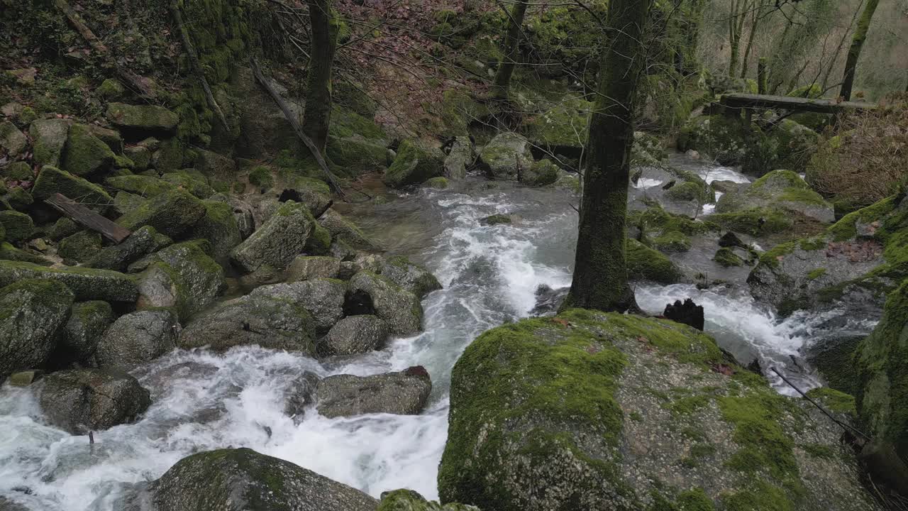 在葡萄牙费尔盖拉斯的巴里亚斯，湍急的河水掠过长满苔藓的岩石视频素材