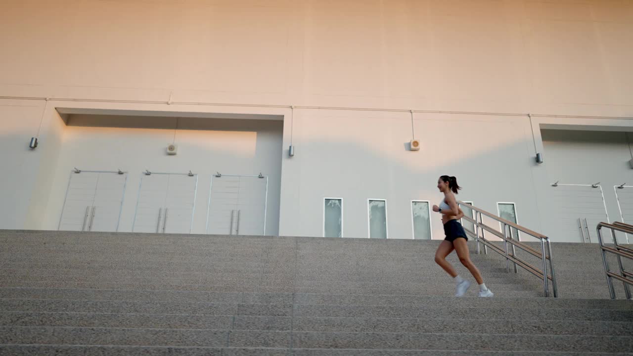 一个女人跑上大楼前的一段楼梯视频素材