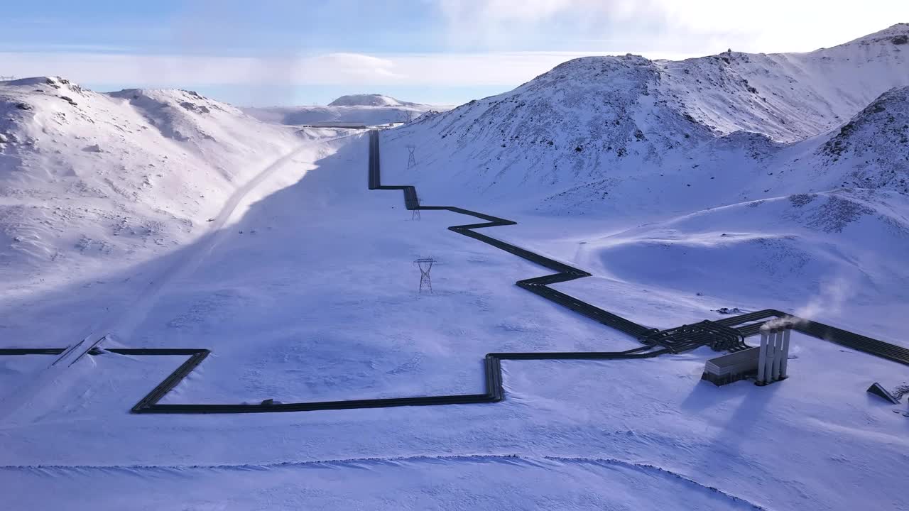 多雪冰岛的地热发电厂，蒸汽管道蜿蜒而过，鸟瞰图视频素材