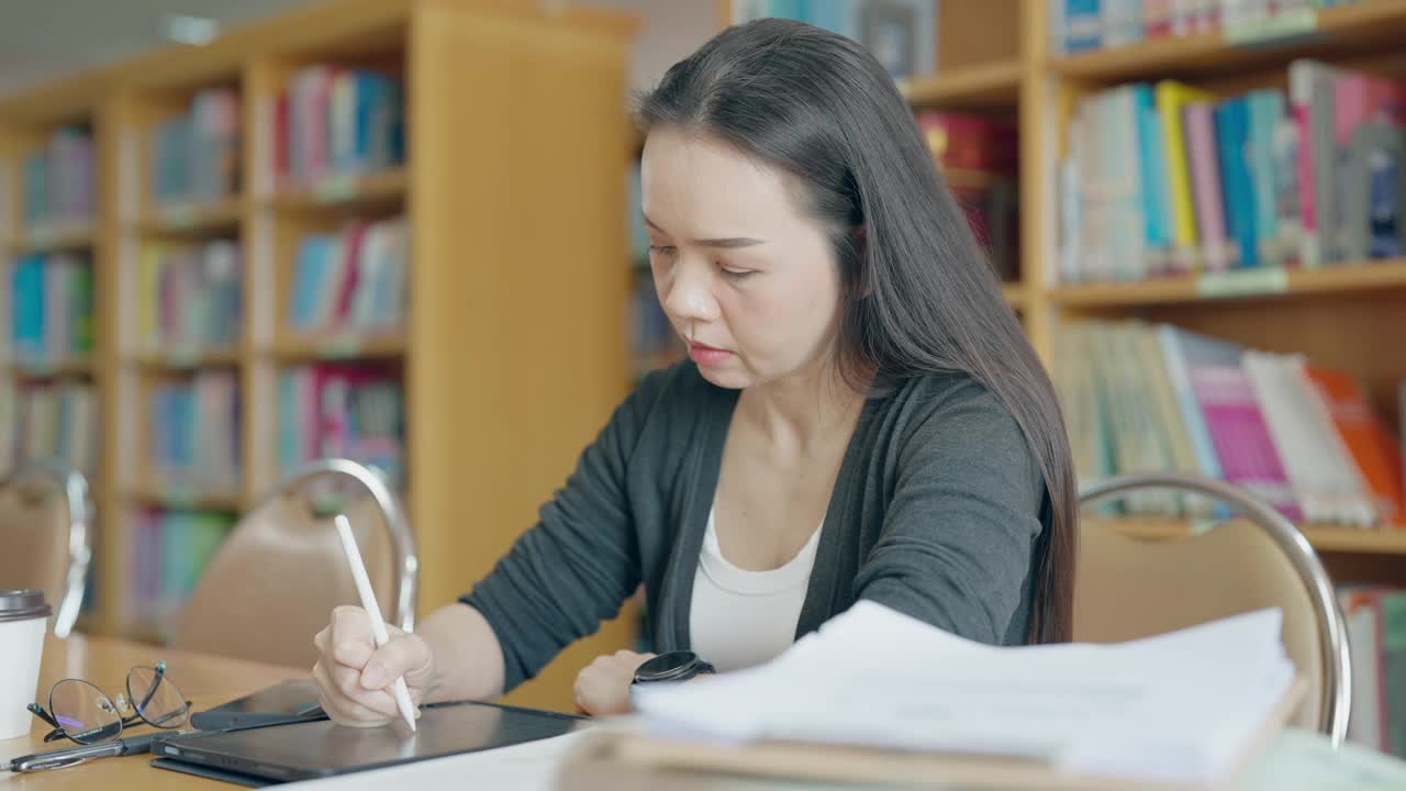 一个女人坐在图书馆的桌子旁，在写字板上写字视频素材