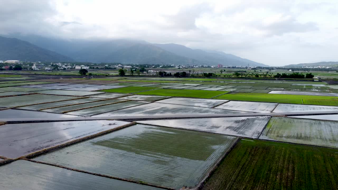 多云的天空下，连绵起伏的水田，山峦的背景视频素材