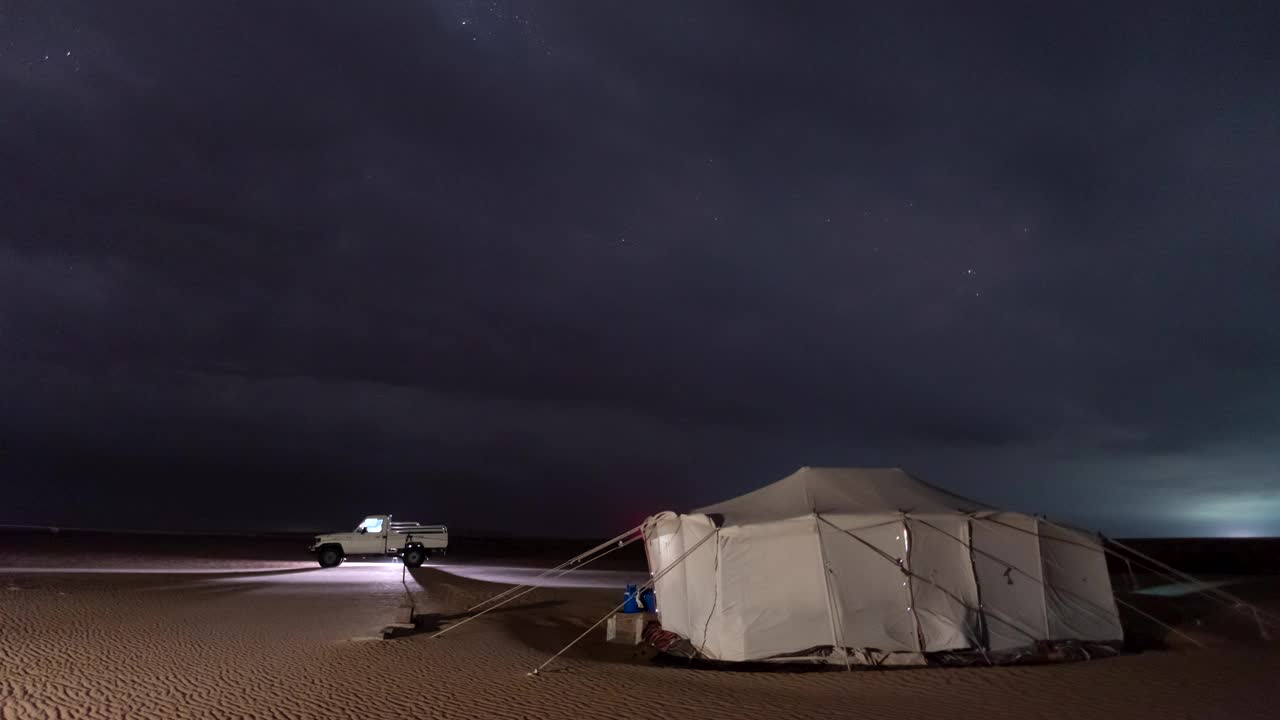 沙漠骆驼农场里乌云的时间流逝。视频素材