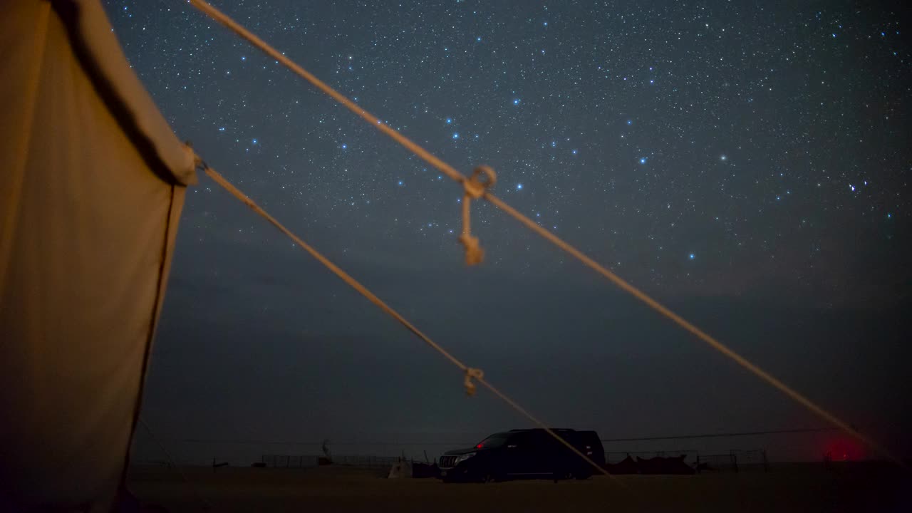 空旷的沙漠中骆驼农场营地上空夜空银河的流逝视频下载