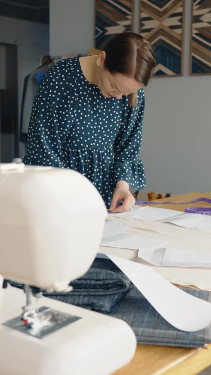 专注的女人在家里缝制衣服视频素材