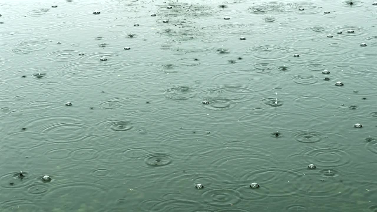 雨天平静水面上的雨滴视频素材