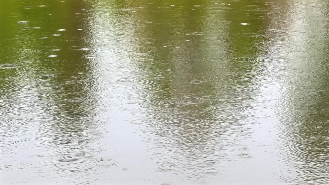 雨天平静水面上的雨滴视频素材