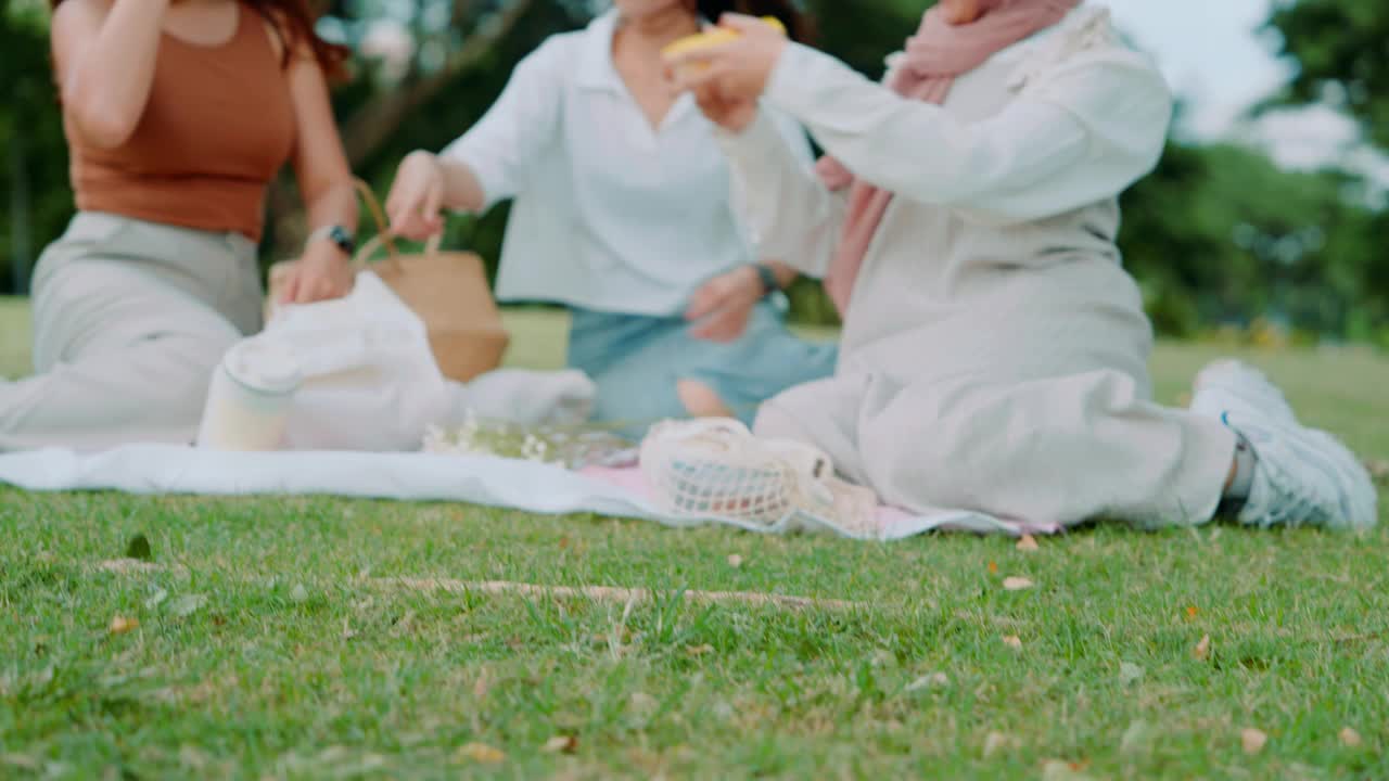 快乐的多样性女性朋友微笑着准备野餐视频素材