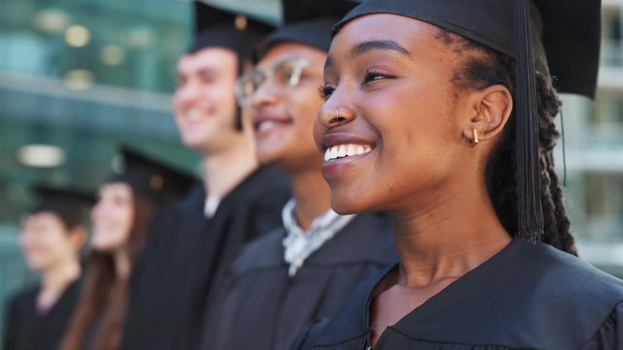 脸，大学或快乐的毕业生在典礼或礼服站在校园外排队。多样性，学位或自豪的学生微笑为动机，大学成绩或教育成功视频素材