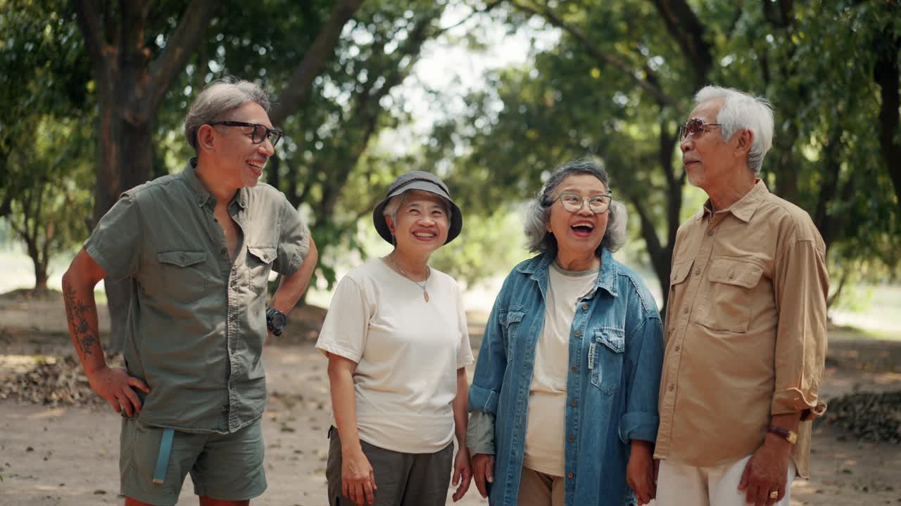 群前辈朋友谈笑风生，开心旅行视频素材