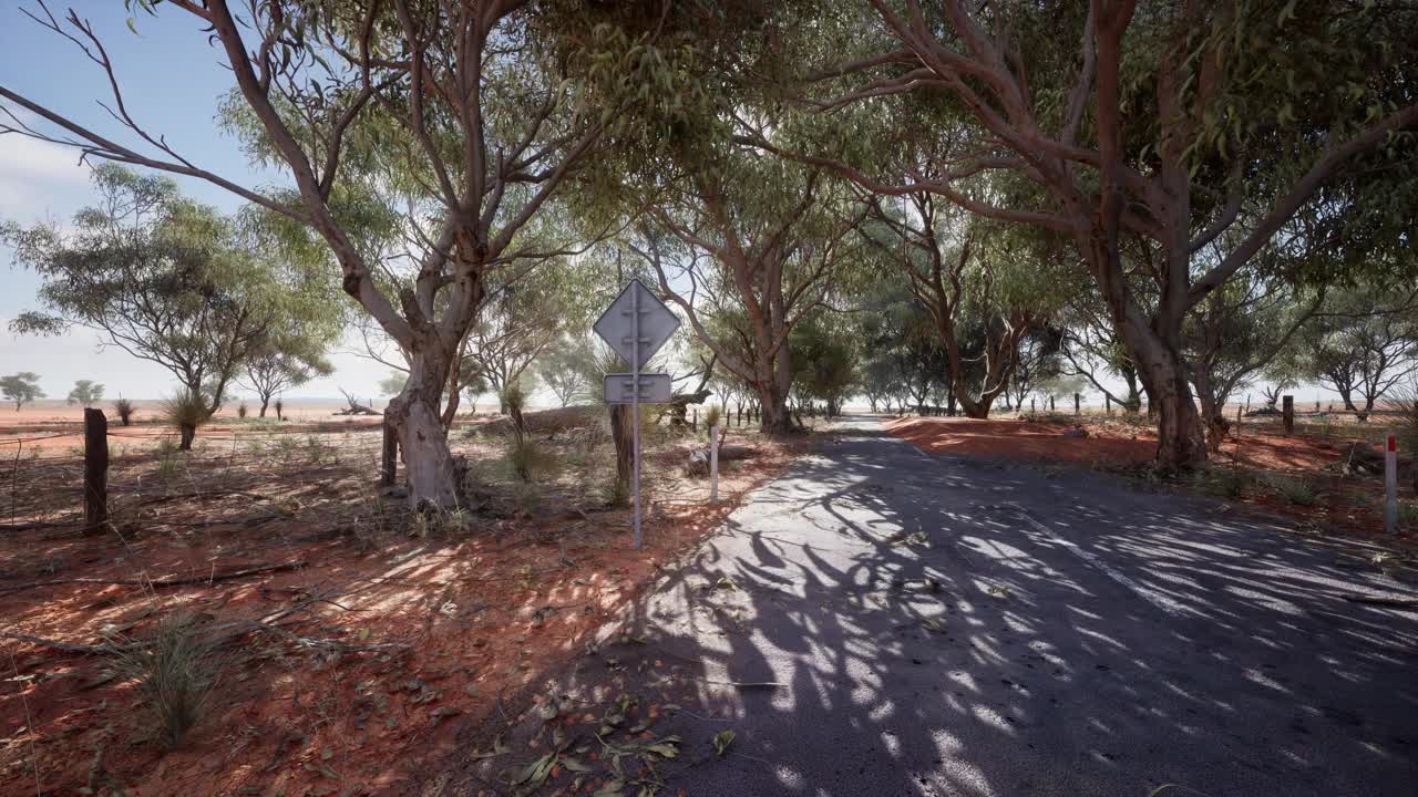 一条有树的风景优美的道路，中间有一个标志视频素材