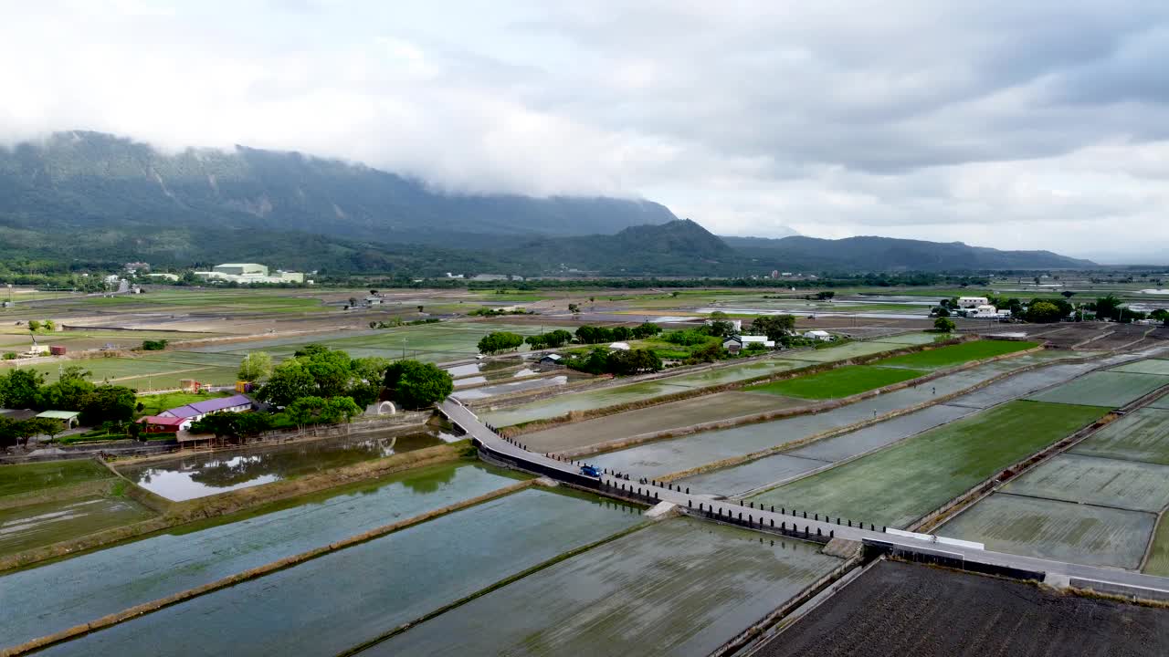 绿油油的原野有水渠，群山为背景，多云的天空，鸟瞰图视频素材