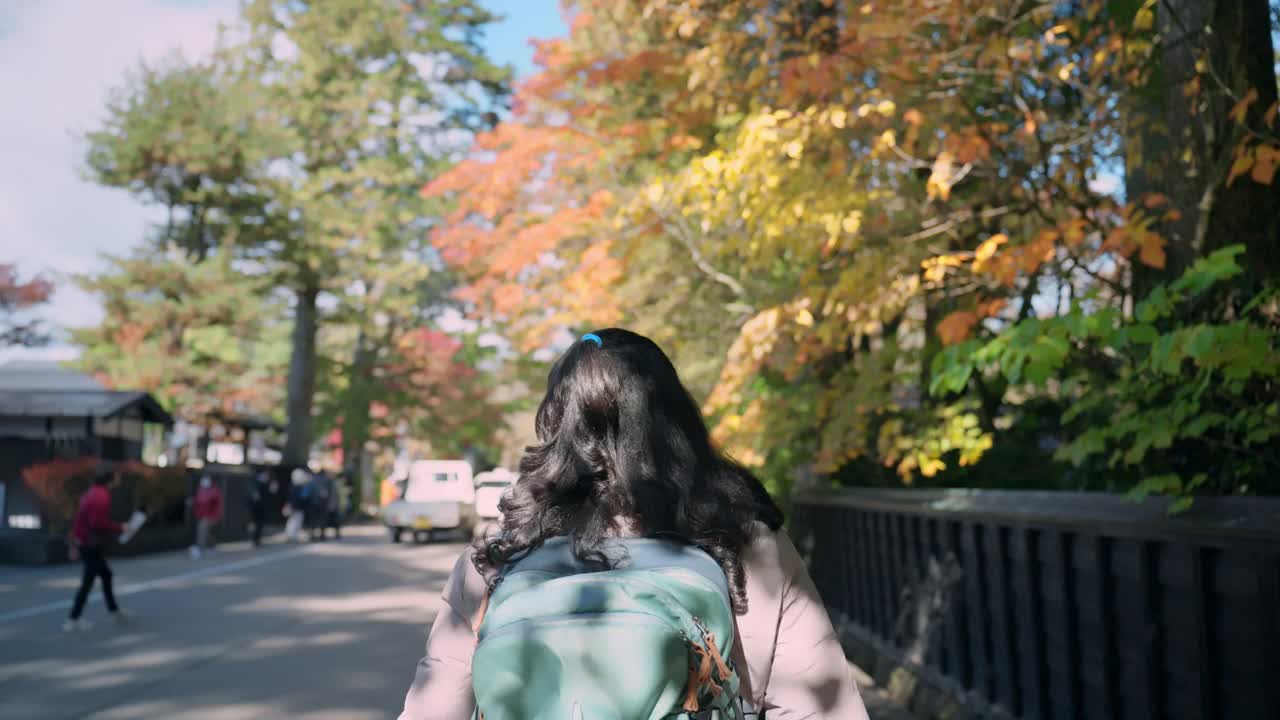 在照片的后视图中，一名背着绿色大背包的女子正沿着一条宁静的小路散步，两旁的树木点缀着生机勃勃的秋叶。前方平静的小路，远处几个人影的行走，增添了宁静和探索的感觉。视频下载