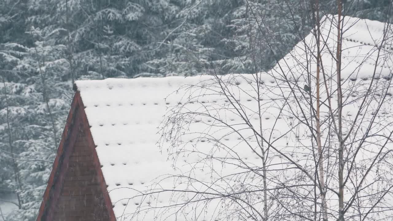 在乌克兰的喀尔巴阡山脉，雪落在屋脊上视频素材