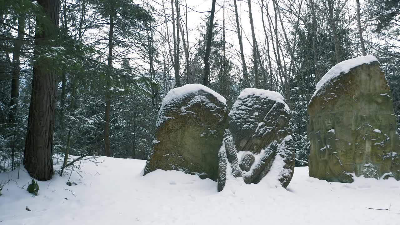 乌克兰喀尔巴阡山脉的三颗被雪覆盖的大石头视频素材