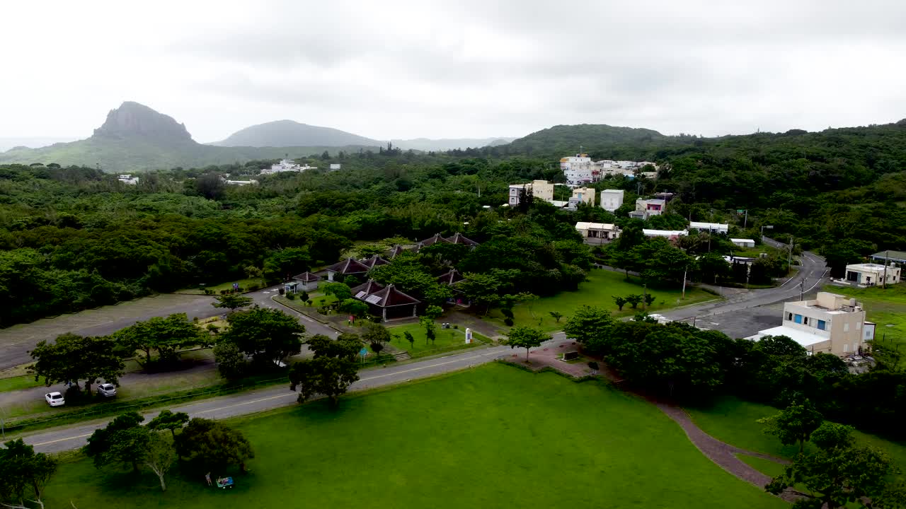 郁郁葱葱的绿色景观与散落的建筑物在阴天，鸟瞰图视频素材