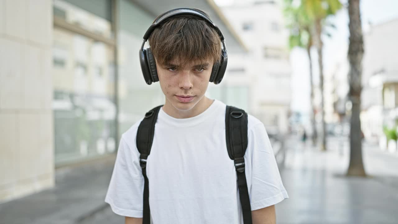 一个棕色头发戴着耳机的年轻白人男性少年站在城市街道上的肖像。视频素材