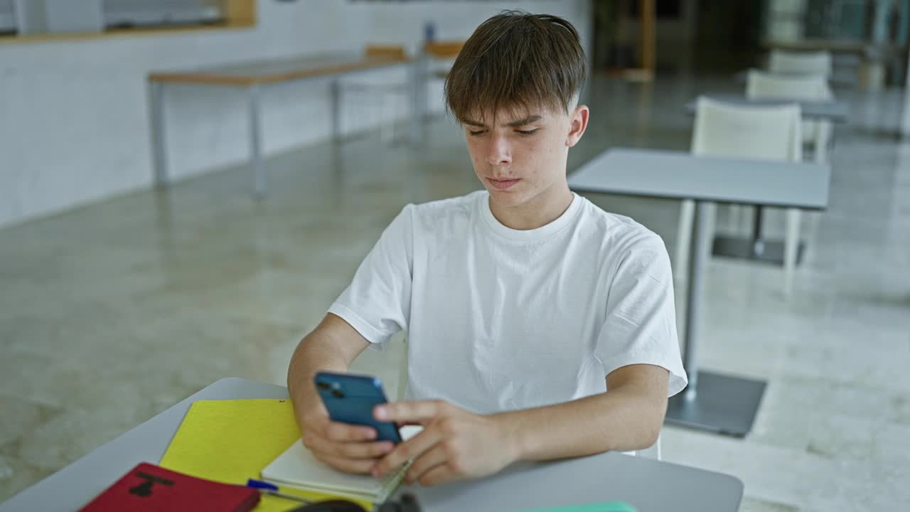 穿着白衬衫的白人少年在大学图书馆使用智能手机，笔记本和背包放在桌子上。视频素材